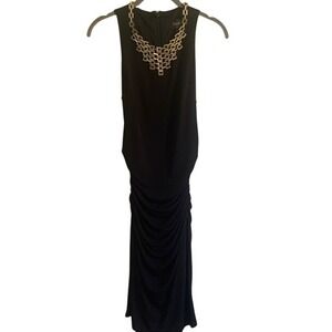 Laundry Shelli Segal Black Ruched Cocktail Dress 4 Gold Chain Neck Mob Wife Glam